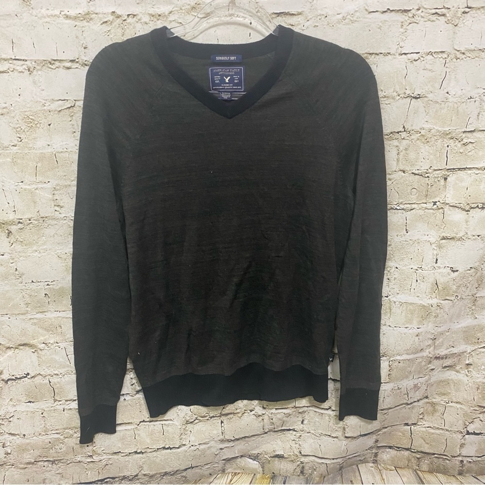 American Eagle Green Black Wool Blend‎ V Neck Seriously Soft Sweater